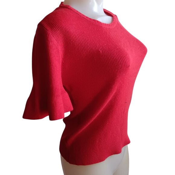 Women's Medium Knit Top Vintage 70s Red Short Sleeve With Ruffle Cuffs Crewneck - Picture 2 of 7